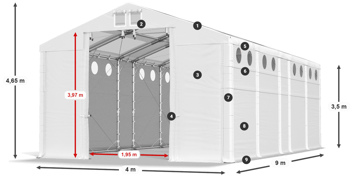Streha: MS T 580 PVC Stene: FR O 620 PVC 3,5 m legenda