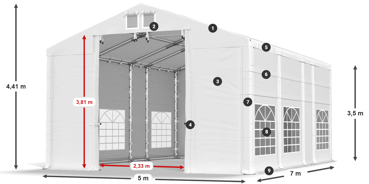 Streha: MS 580 PVC Stene: FR 620 PVC 3,5 m legenda